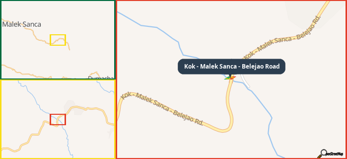 Map showing the address of Kok - Malek Sanca - Belejao Road in three different zoom levels.