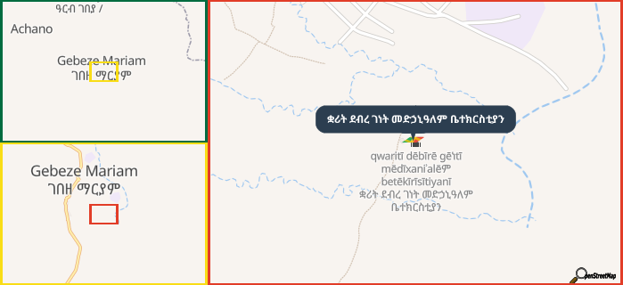 Map showing the address of ቋሪት ደብረ ገነት መድኃኒዓለም ቤተክርስቲያን in three different zoom levels.
