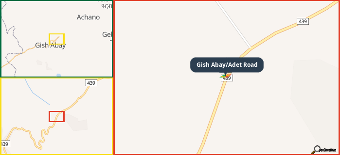 Map showing the address of Gish Abay/Adet Road in three different zoom levels.