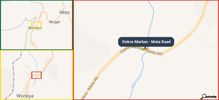 Map showing the address of Debre Markos - Mota Road in three different zoom levels.