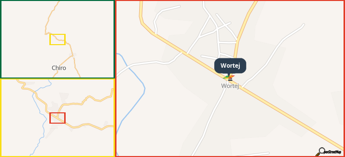Map showing the address of Wortej in three different zoom levels.