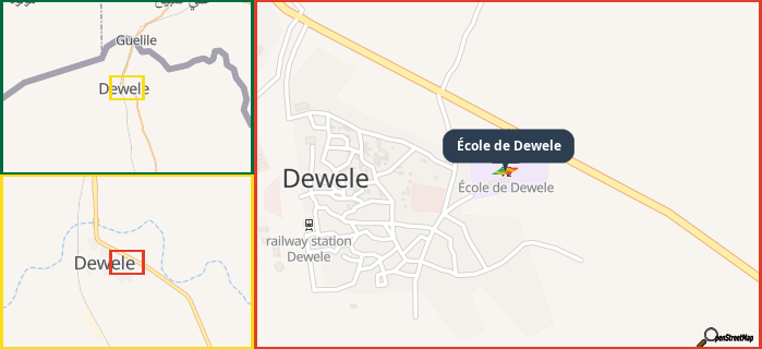Map showing the address of École de Dewele in three different zoom levels.