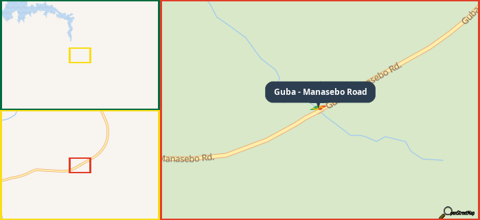 Map showing the address of Guba - Manasebo Road in three different zoom levels.