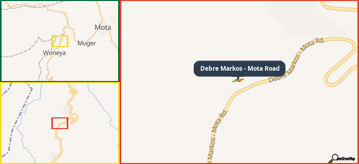 Map showing the address of Debre Markos - Mota Road in three different zoom levels.