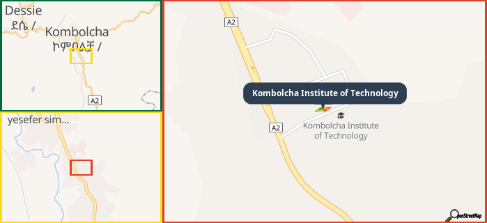 Map showing the address of Kombolcha Institute of Technology in three different zoom levels.