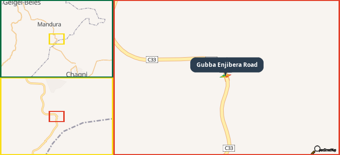 Map showing the address of Gubba Enjibera Road in three different zoom levels.