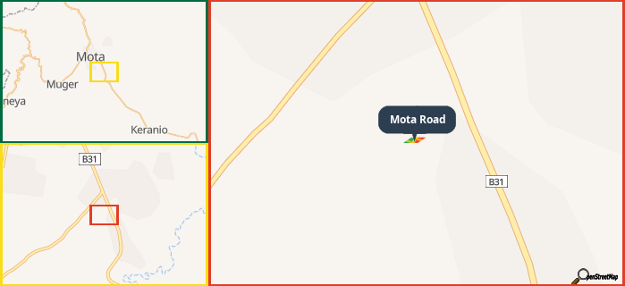 Map showing the address of Mota Road in three different zoom levels.