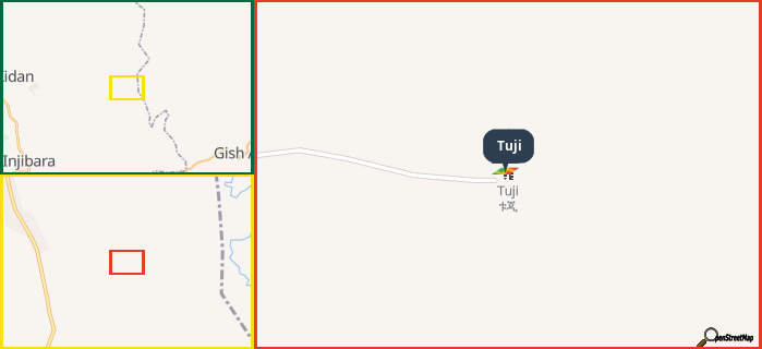 Map showing the address of Tuji in three different zoom levels.