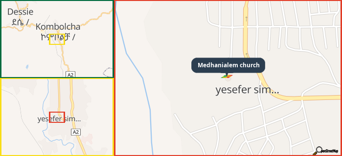 Map showing the address of Medhanialem church in three different zoom levels.