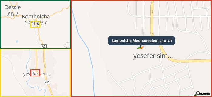 Map showing the address of kombolcha Medhanealem church in three different zoom levels.