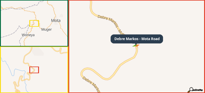 Map showing the address of Debre Markos - Mota Road in three different zoom levels.