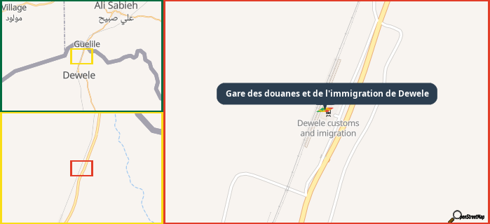 Map showing the address of Gare des douanes et de l'immigration de Dewele in three different zoom levels.