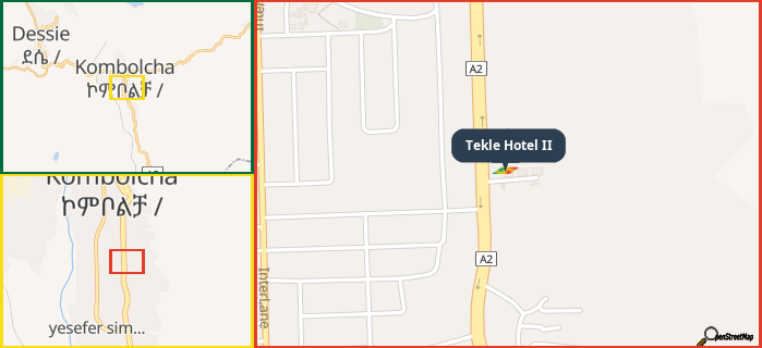Map showing the address of Tekle Hotel II in three different zoom levels.