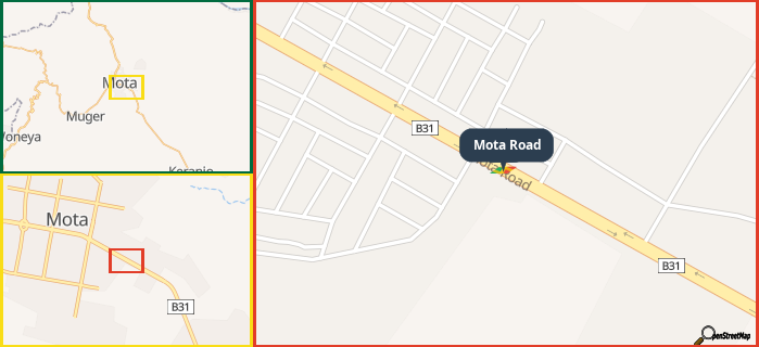 Map showing the address of Mota Road in three different zoom levels.