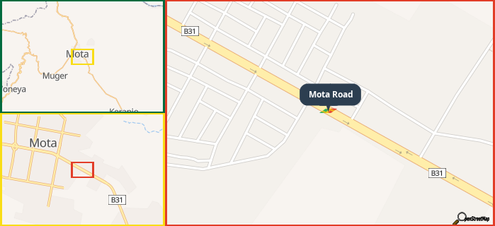 Map showing the address of Mota Road in three different zoom levels.