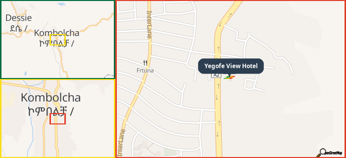 Map showing the address of Yegofe View Hotel in three different zoom levels.