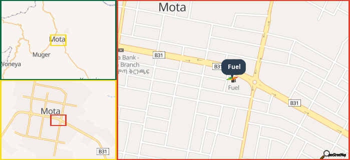 Map showing the address of Fuel in three different zoom levels.