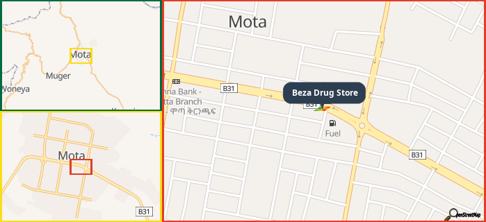 Map showing the address of Beza Drug Store in three different zoom levels.