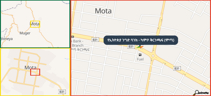 Map showing the address of የኢትዮጵያ ንግድ ባንክ - ካምቦ ቅርንጫፍ (ሞጣ) in three different zoom levels.