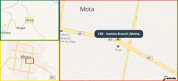 Map showing the address of CBE - Kambo Branch (Motta) in three different zoom levels.