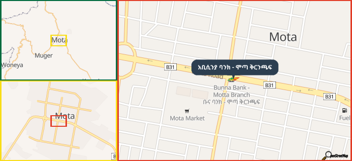 Map showing the address of አቢሲንያ ባንክ - ሞጣ ቅርንጫፍ in three different zoom levels.