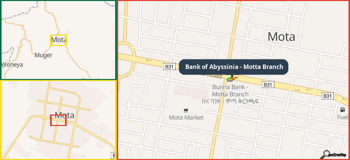 Map showing the address of Bank of Abyssinia - Motta Branch in three different zoom levels.