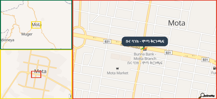 Map showing the address of ቡና ባንክ - ሞጣ ቅርንጫፍ in three different zoom levels.