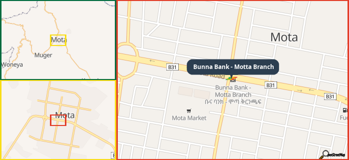 Map showing the address of Bunna Bank - Motta Branch in three different zoom levels.