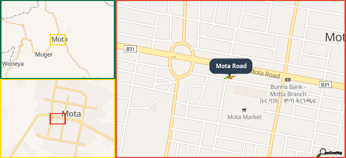 Map showing the address of Mota Road in three different zoom levels.