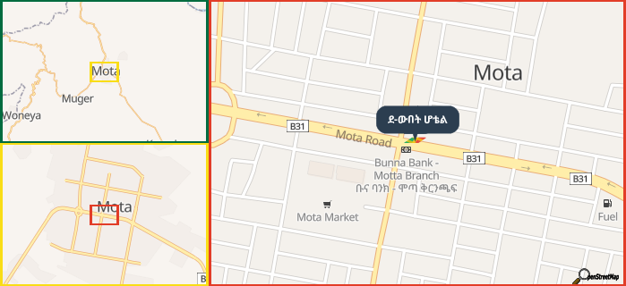 Map showing the address of ደ-ውበት ሆቴል in three different zoom levels.