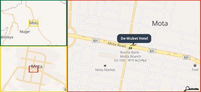 Map showing the address of De-Wubet Hotel in three different zoom levels.