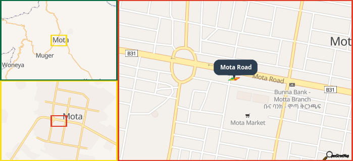 Map showing the address of Mota Road in three different zoom levels.