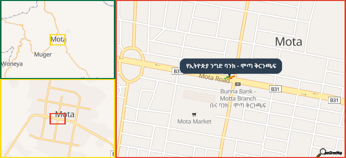 Map showing the address of የኢትዮጵያ ንግድ ባንክ - ሞጣ ቅርንጫፍ in three different zoom levels.
