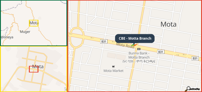Map showing the address of CBE - Motta Branch in three different zoom levels.