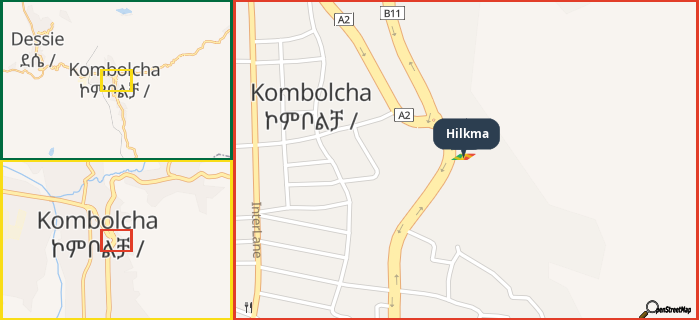 Map showing the address of Hilkma in three different zoom levels.