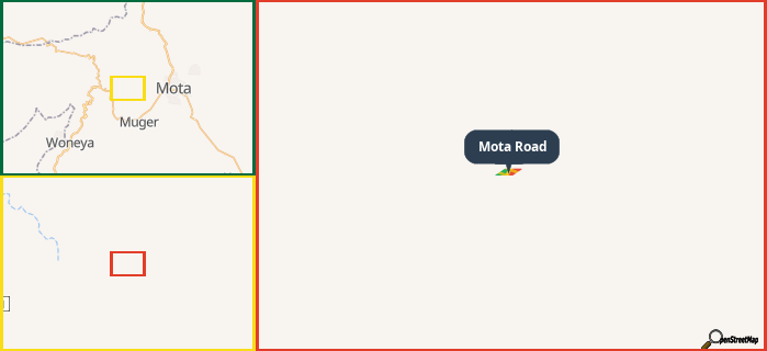 Map showing the address of Mota Road in three different zoom levels.