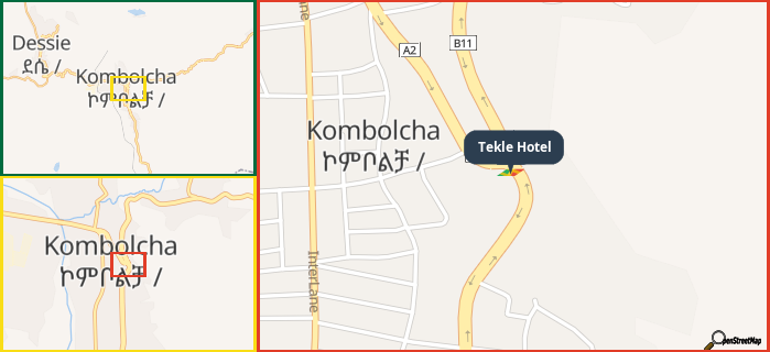 Map showing the address of Tekle Hotel in three different zoom levels.