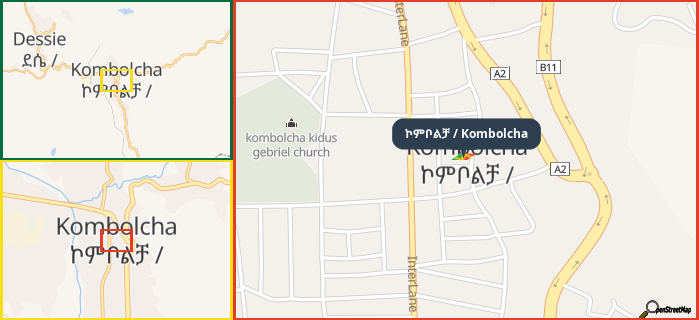 Map showing the address of ኮምቦልቻ / Kombolcha in three different zoom levels.