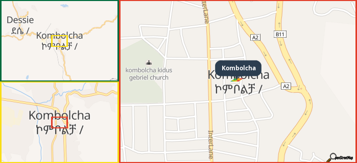 Map showing the address of Kombolcha in three different zoom levels.