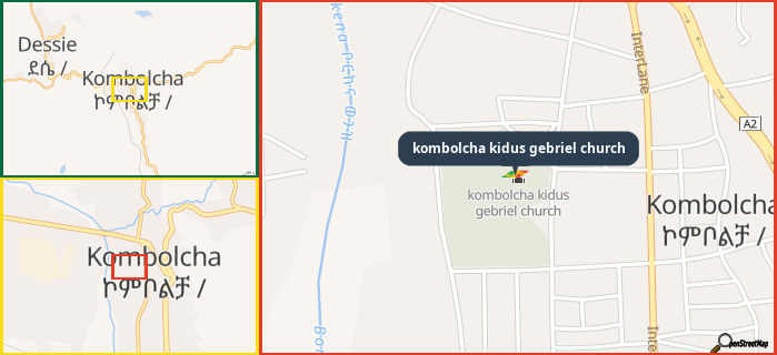 Map showing the address of kombolcha kidus gebriel church in three different zoom levels.