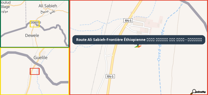 Map showing the address of Route Ali Sabieh-Frontière Éthiopienne طريق الحدود علي صبيح - إثيوبيا in three different zoom levels.