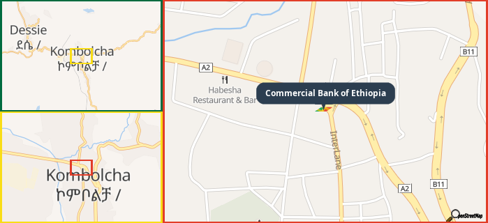 Map showing the address of Commercial Bank of Ethiopia in three different zoom levels.