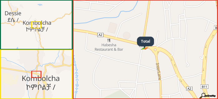 Map showing the address of Total in three different zoom levels.