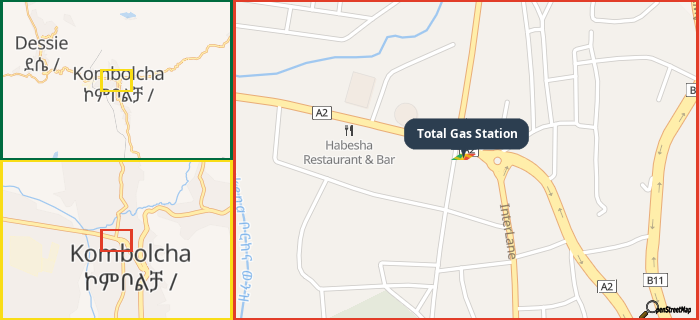 Map showing the address of Total Gas Station in three different zoom levels.
