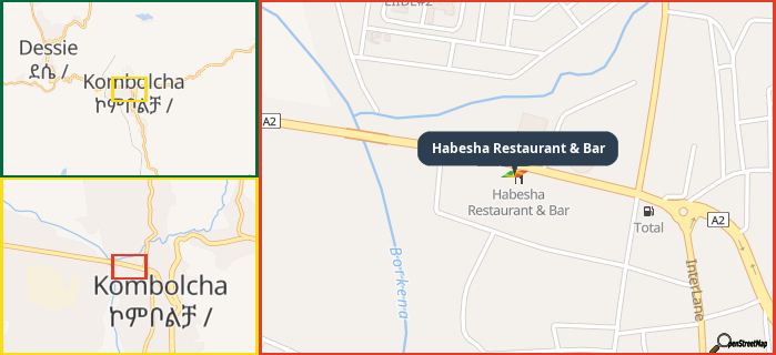 Map showing the address of Habesha Restaurant & Bar in three different zoom levels.