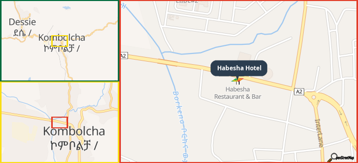 Map showing the address of Habesha Hotel in three different zoom levels.