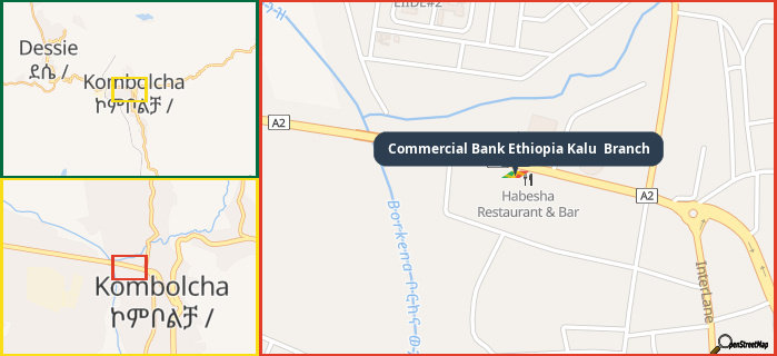 Map showing the address of Commercial Bank Ethiopia Kalu  Branch in three different zoom levels.