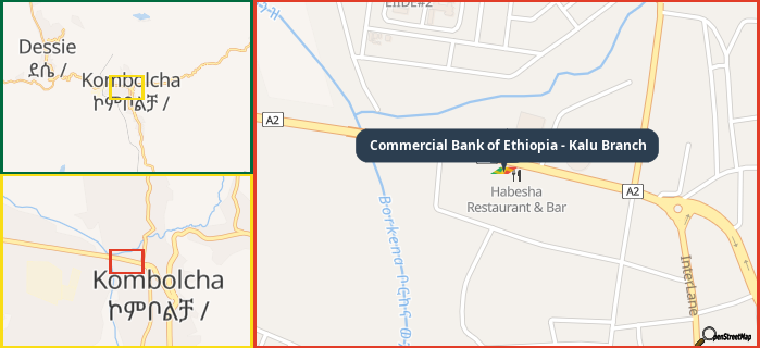 Map showing the address of Commercial Bank of Ethiopia - Kalu Branch in three different zoom levels.