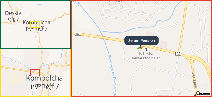 Map showing the address of Selam Pension in three different zoom levels.