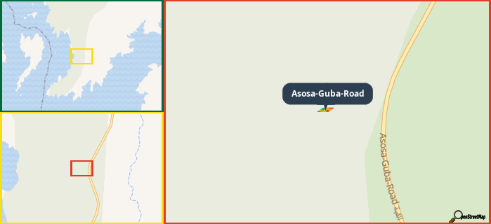 Map showing the address of Asosa-Guba-Road in three different zoom levels.
